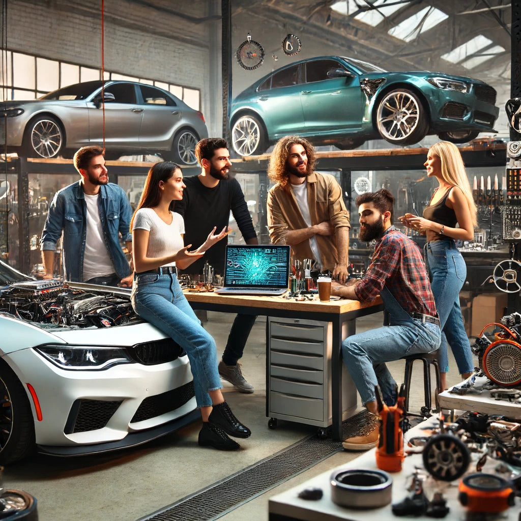DALL·E 2024-06-18 11.46.57 - A group of five automotive enthusiasts, including several women, working together in a modern garage, surrounded by high-quality automotive accessorie.webp__PID:0301770a-5cce-4f54-b3d4-3897af073cc7